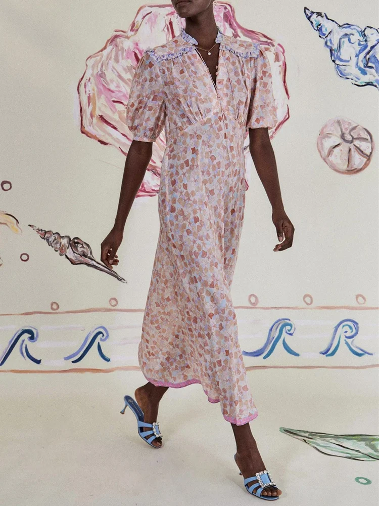 

Женское платье миди с принтом морской звезды, длинное платье на шнуровке с V-образным вырезом, рукавами-фонариками и оборками, с воротником «...