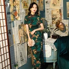 Sheng Coco Весна Xiangyun газовый Чонсам шелковые традиционные китайские платья Модер сексуальные с коротким рукавом темно-зеленые цветы 4XL 3XL