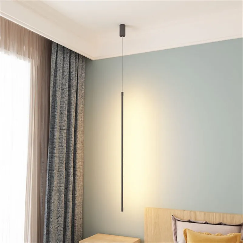 

Simple Bedroom Bedside Pendant Light Modern Black Led Pendant Lamp for Home Deco Hanging Lamps Minimalist Line Lights fixture