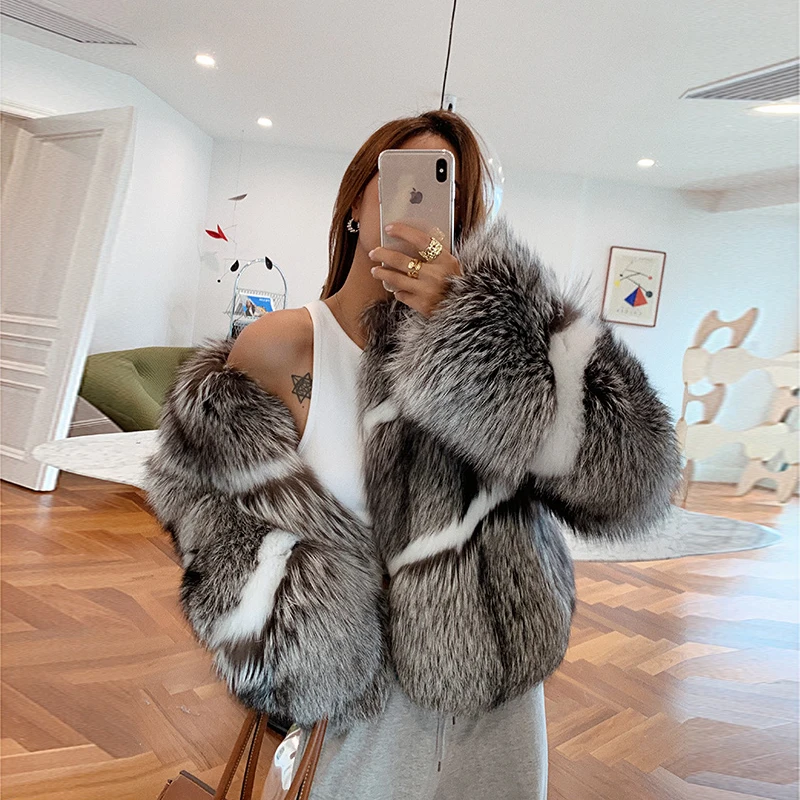 

Fox Ladies Natural Silver Jacket Women Real Fur Coat Warm Winter Outwear