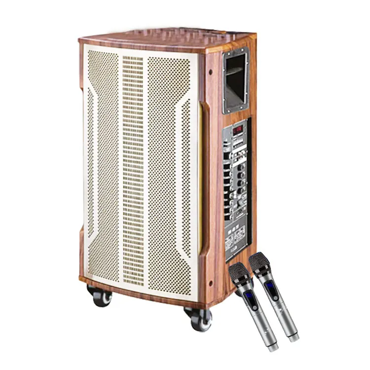 安い 15インチのホイールが付いた高品質の木製スピーカー,2つのワイヤレスマイクを備えた大きくて強力なサウンド,パーティー,結婚式,新しい2020