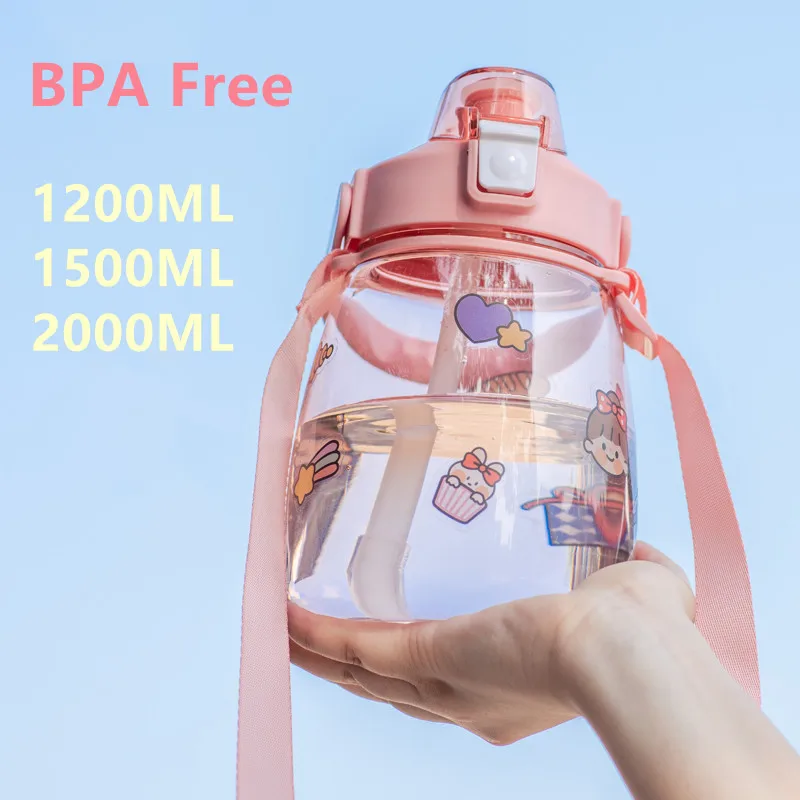 Large Capacity Water Bottle Plastic Kawaii Cup Cute Portable Summer Sports Outdoor Girl Child Tumbler With Straw Strap BPA Free