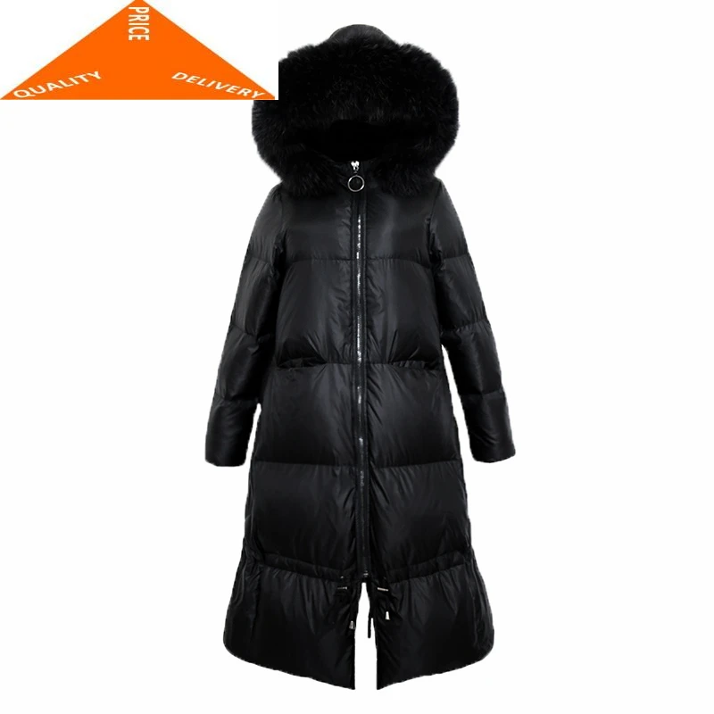 

Женская зимняя одежда с капюшоном из натурального меха енота, Корейская куртка-пуховик на 20%, длинное теплое пальто Hiver 09209, 2020