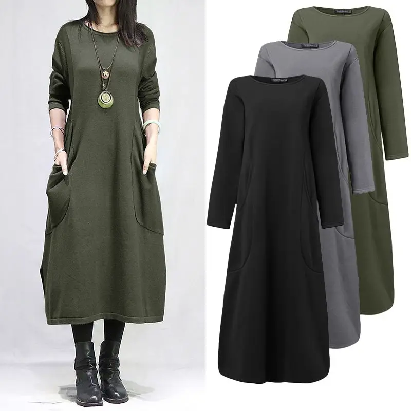 

Autumn Winter Sweatshirt Dress ZANZEA Women O Neck Long Sleeve Fleece Dress Casual Solid Loose Vestido Sundress Robe