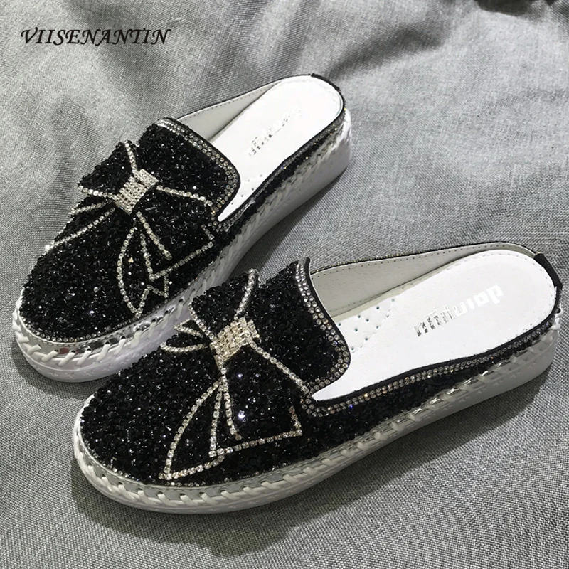 

Шлепанцы Стразы Baotou с блестками и бантом Новинка весна-лето 2021 верхняя одежда на толстой подошве Повседневная модная женская обувь для лени...