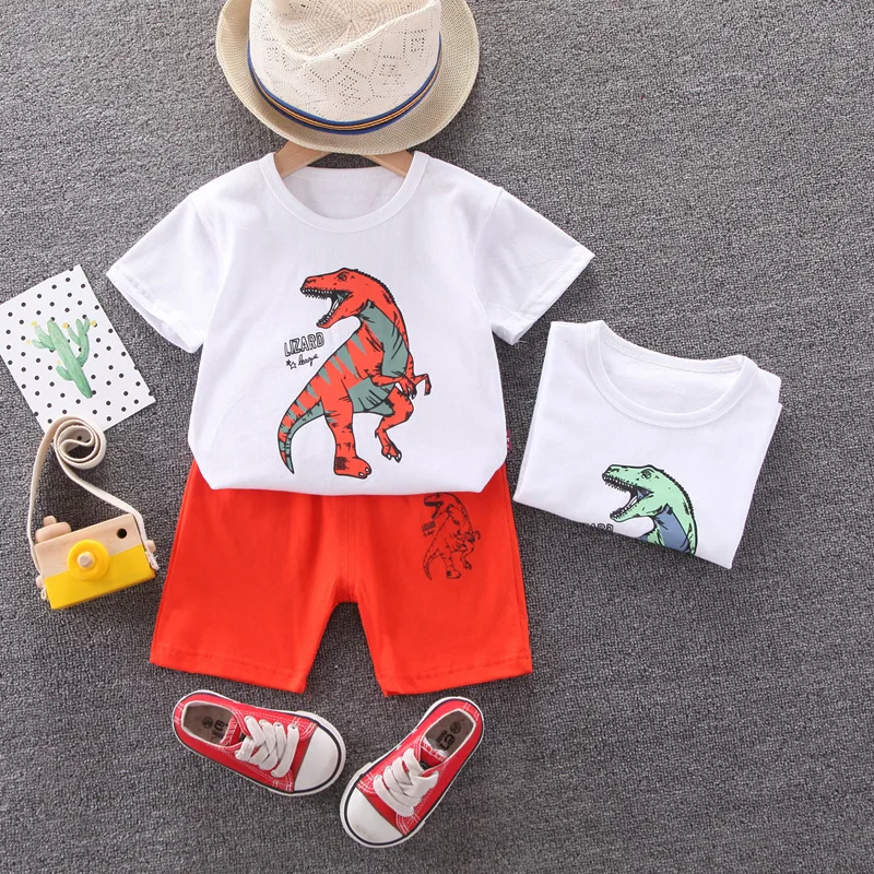 

Summer Cartoon Kids Pajamas Sleepwear Children's Clothing With Shorts Cotton Home Wear Dinosaur Shirt For Boys Leisure Suit