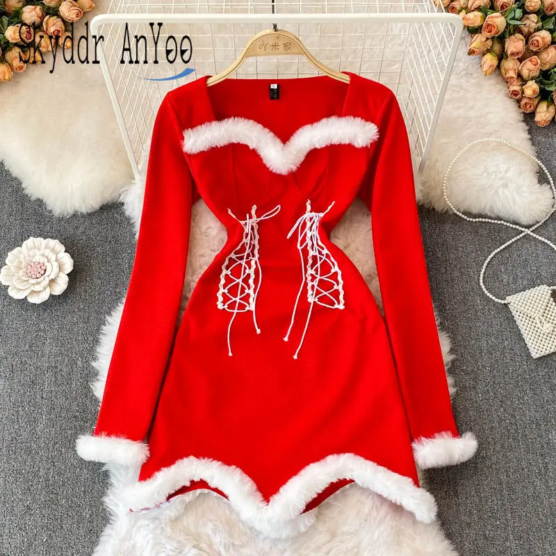 

Fashion Furry Women Elegant Dress For New Year 2022 Robe Femme Vestidos Sexys Mujer Red Navidad Bodycon Mini Short White Dress