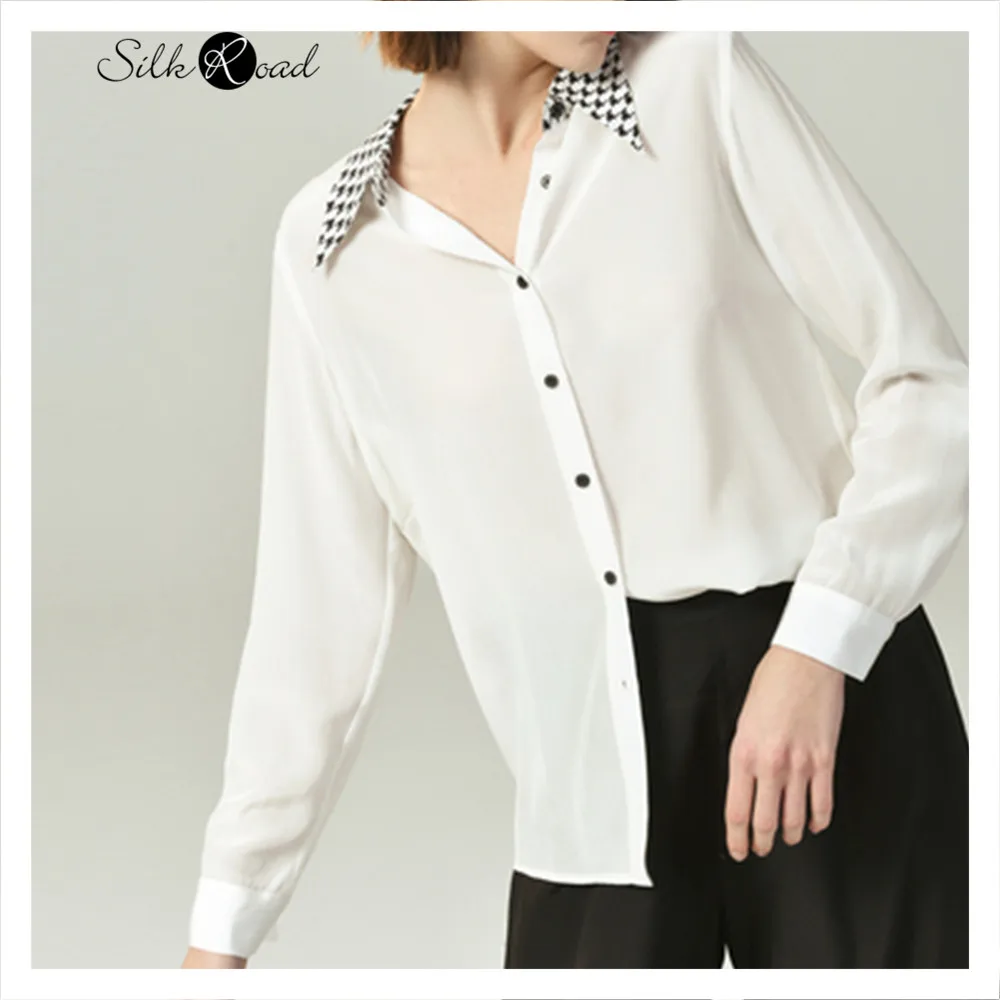 Silviye Color matching Lapel silk white shirt women's Long Sleeve Silk Crepe de Chine top foreign style shirt 2020 new summer