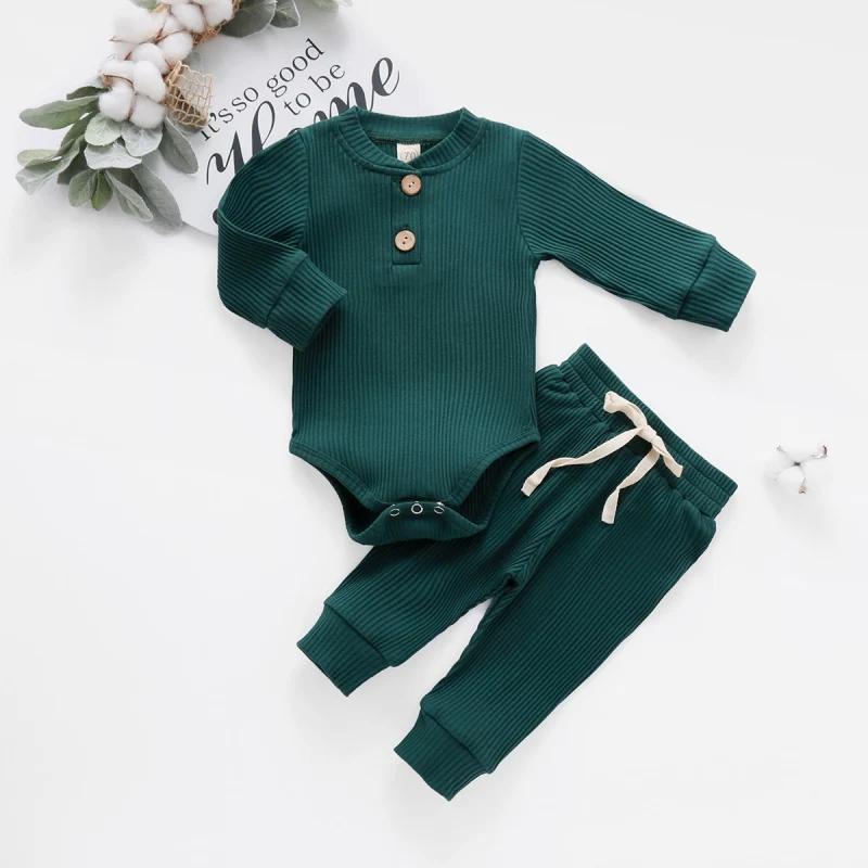 

Autumn Suits for Infants Knitting Pit Strip Solid Color Romper Long Sleeve Two-piece Suit Knitted Pit Strip Suits for Infants