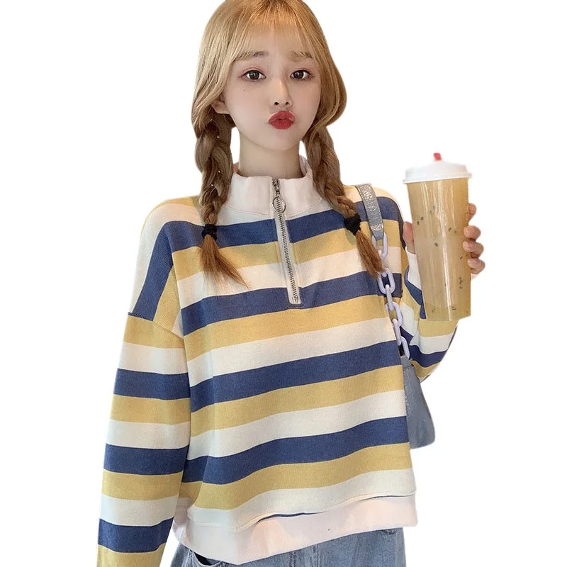 

Весенне-осенний тонкий короткий Свободный свитшот в полоску с воротником-стойкой и длинными рукавами на молнии, женские пуловеры в Корейск...