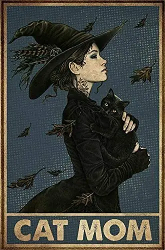 

Металлический жестяной постер ведьма, кот, влюбленная кошка, мама, для дома и улицы, бара, кофе, кухни, Настенный декор, картина на Хэллоуин, м...