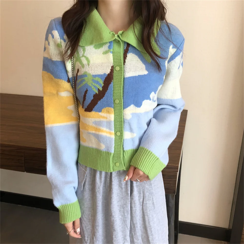 

동대문 Gradient Tie-dyeing Cardigans Women Sweaters 대한민국 Chic All Match Lady Autumn Full Sleeve New Sweet Hot OL Short Coats