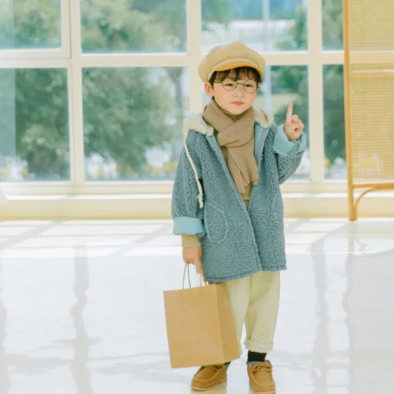 Winter fashion boys girls woolen hooded thick zipper jackets chilren loose oversized coats kids outwear