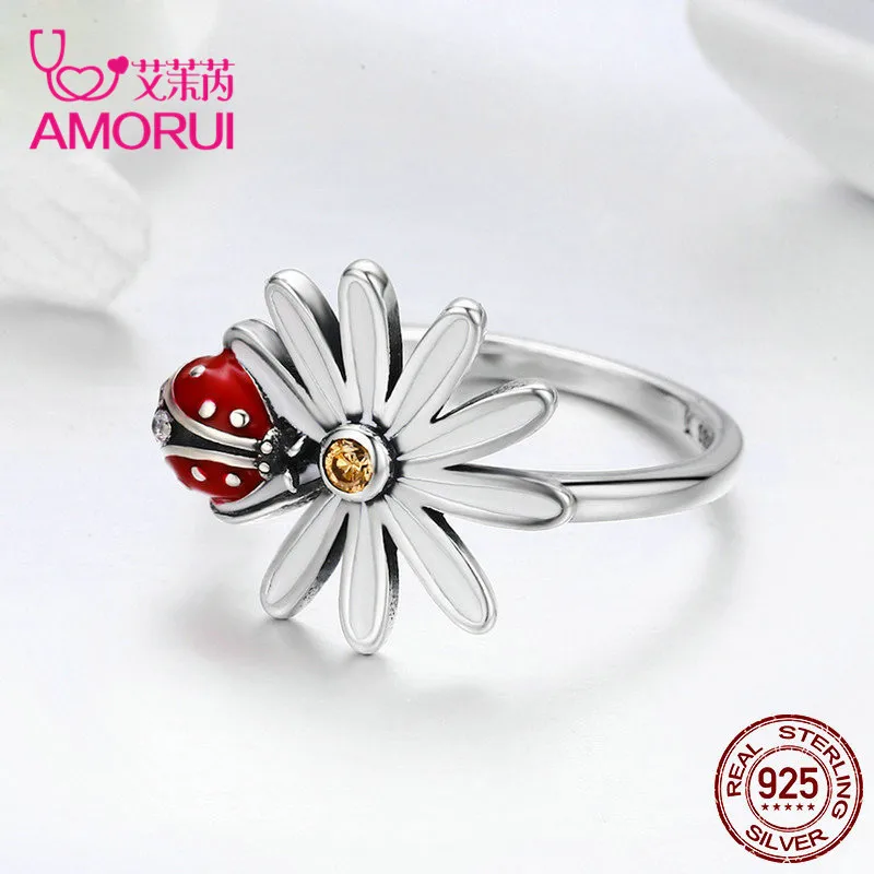 AMORUI AAA CZ камень 925 пробы Серебряный цветок и Божья коровка Страна Чудес палец