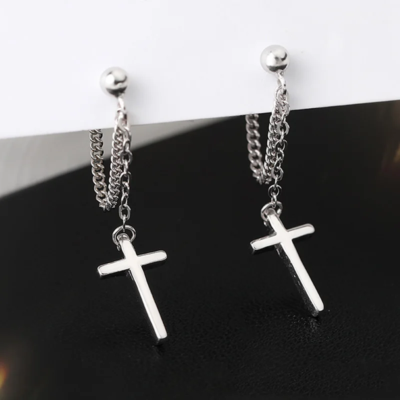 

Fashion Silver Color Tiny Cross Stud Earring For Women Cute Girls Tassel Chain Earing Female Jesus Jewelry Party Christian Gift