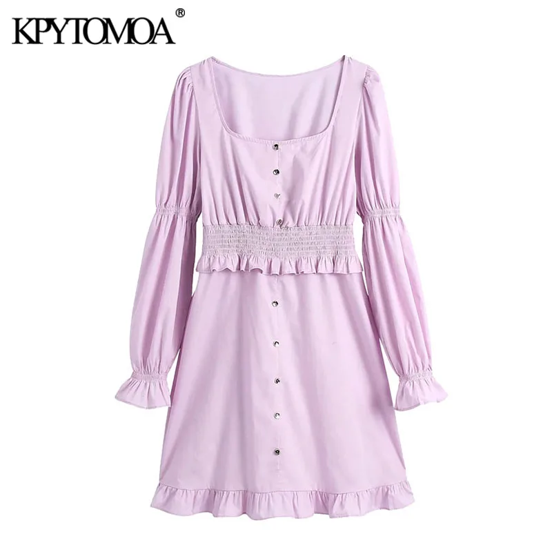 

KPYTOMOA женское 2021 милое модное с пуговицами гофрированное мини-платье винтажные женские платья с длинным рукавом и эластичным поясом Vestidos