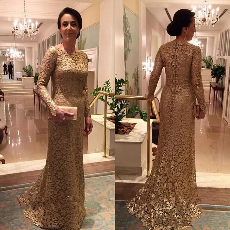 

Gold Lace Mother Of The Bride Dresses Arabic Mermaid Long Sleeves Wedding Guest Dress plus size Formal Evening Gowns