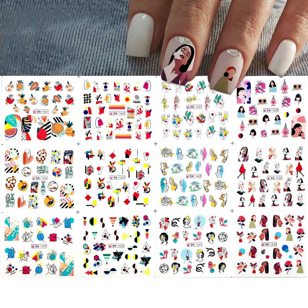

12 styles Abstract Women Face Water Transfer nails sticker Geometry Cartoon Sliders Sketch Abstract nail art decorations Decals