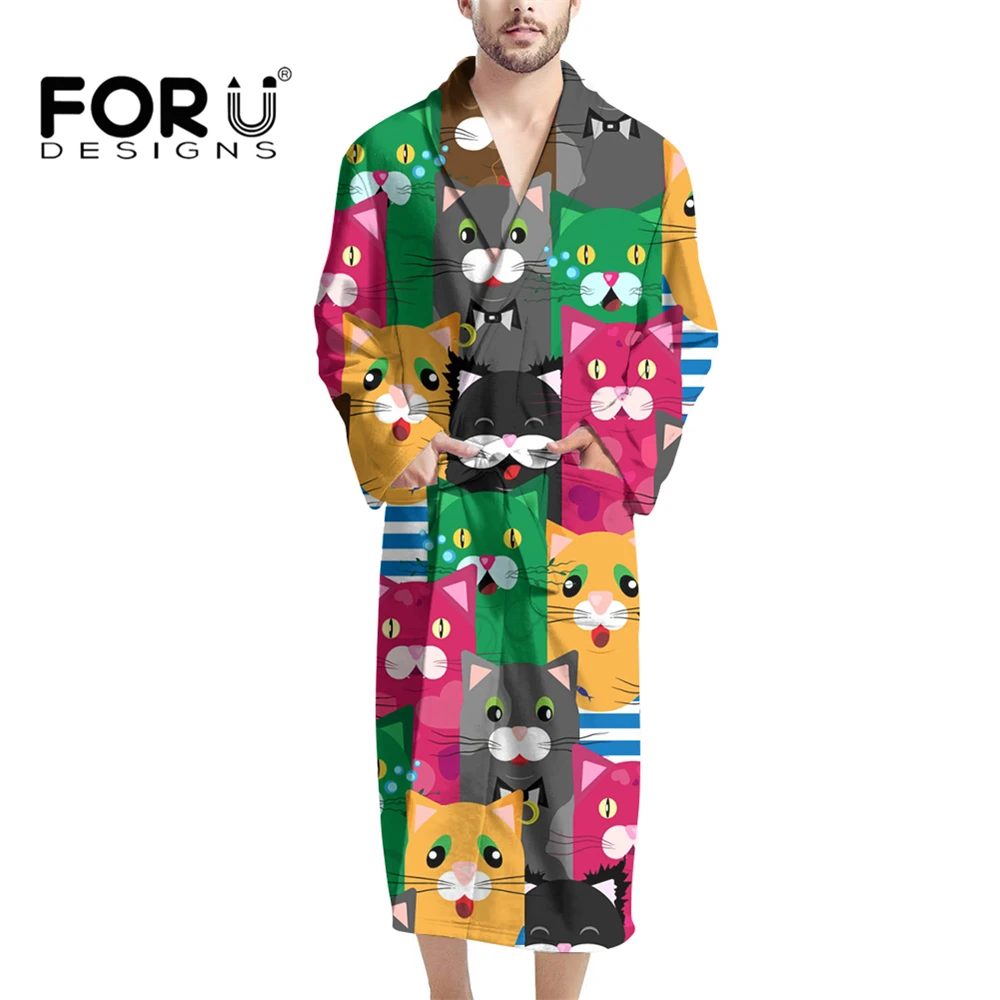 

FORUDESIGNS Men's Bathrobe Cute Colorful Cat 3D Print Pattern Cartoon Pajama Warm Fleece Robe with Belt And Pockets кимоно