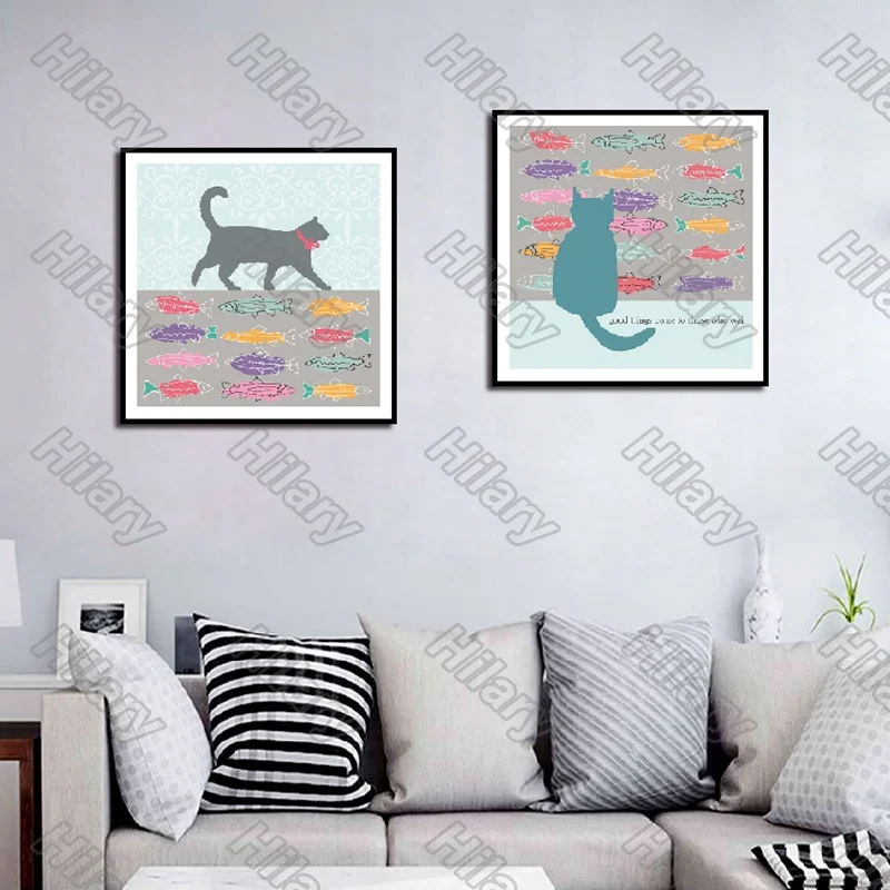 

Posters Cartoon Cat and Fishs Canvas Painting and Prints Wall Art Decoration for Living Room and Bedroom 2Pcs Frameless Style