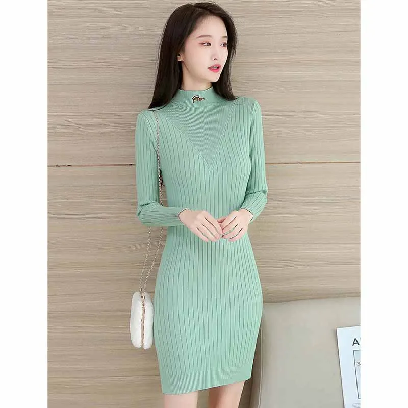 

Vintage Sweater Midi Dress Women Autumn Winter Korean Bodycon Turtleneck Long Sleeve Thick Warm Vestidos Female Knitted Dresses
