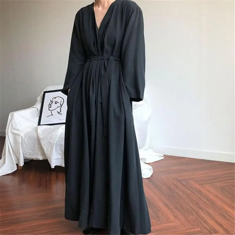 

Retro Korea Fashion Thin Loose Look Thin Dress Women Minimalism Long-sleeve V-neck Bottoming Casual All-match Student Dresses