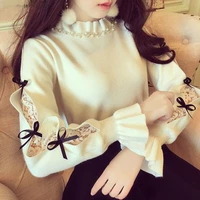 japan style women pearl bead frilled half turtleneck sweater cute ribbon bow lace patchwork knitted pullover jumpers ladies tops