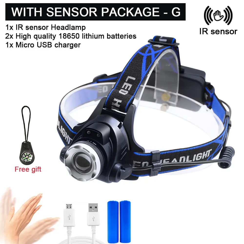 With sensor-G Светодиодный налобный фонарь для рыбалки головной светильник T6/L2 зум лампа Водонепроницаемый Головной фонарь вспышка светильник фонарь Использует 18650 Аккумулятор для велосипеда светильник - Испускаемый цвет: With sensor-G