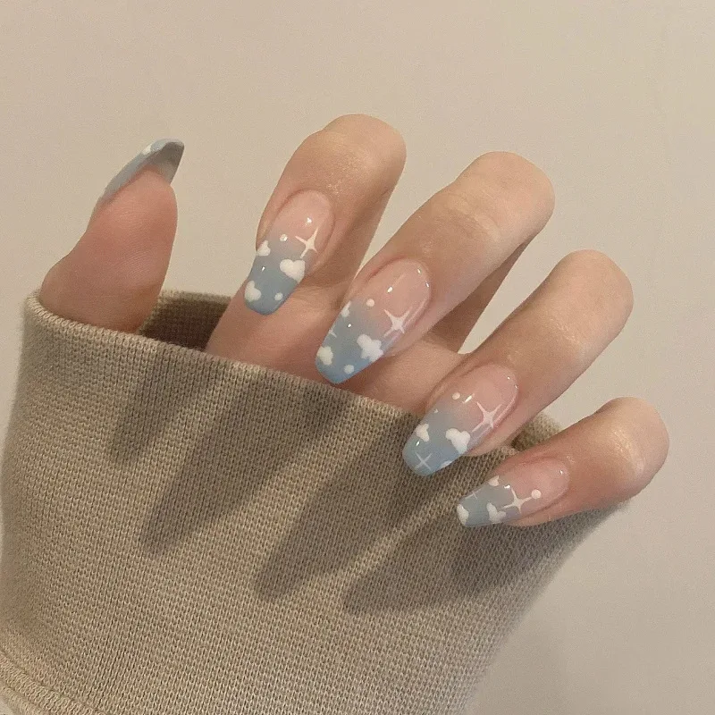 

24Pcs Detachable Long Coffin False Nails with Blue Sky Designs Press on Nails Wearable Fake Nail Full Cover Nail Tips