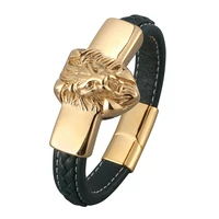 hip hop green braided leather men bracelets bangles gold lion head stainless steel biker chain male punk jewelry gift sp0818