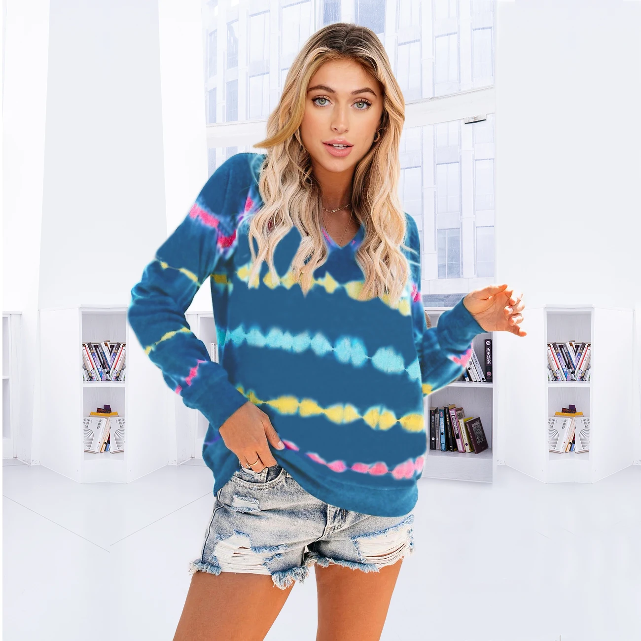 

Women's new style tie-dye heartbeat printed hooded sweater tops autumn and winter all-match casual sweatshirts, women's clothing