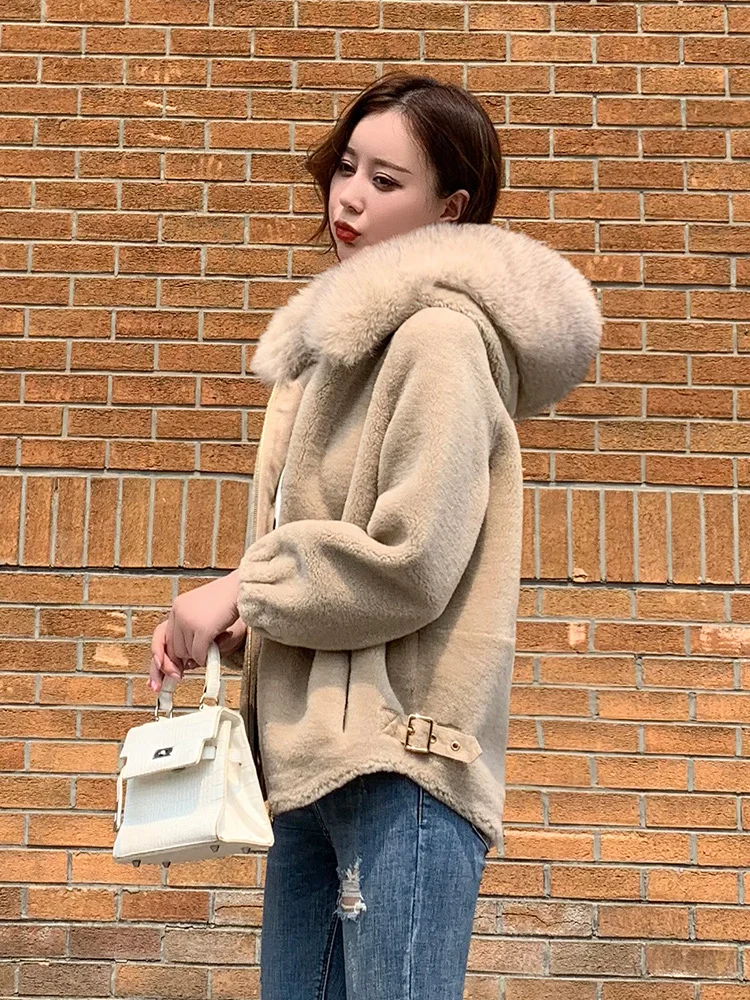 

Sheep Real Shearling Fur Coat Female Jacket 2020 Winter Jacket Women Fox Fur Collar 100% Wool Coats Korean Outwear MY s