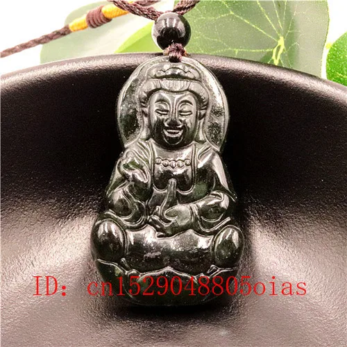 Натуральный китайский черный зеленый нефритовый Гуаньинь кулон ожерелье