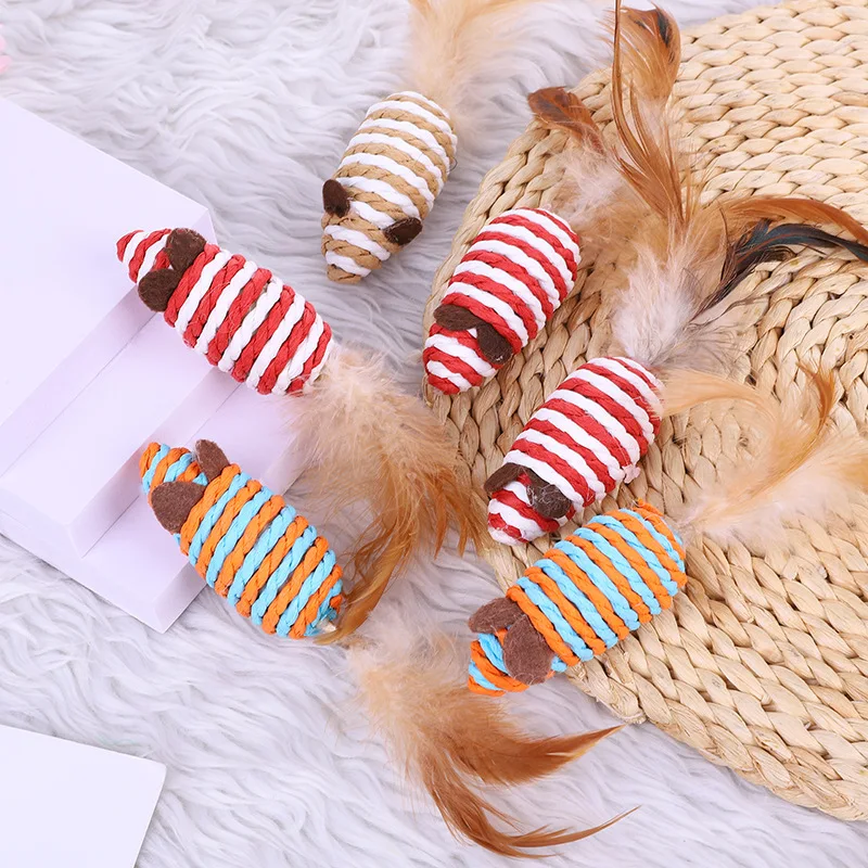 5 шт./лот меховая мышь игрушки для домашних животных кошек перо сизальная веревка