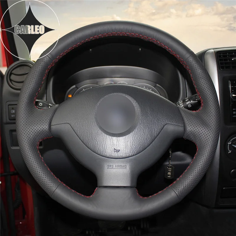 DIY Car Steering Wheel Cover for Suzuki Jimny 2005 2006 2007-2013 2014 Genuine Black Leather Stitching Custom Holder