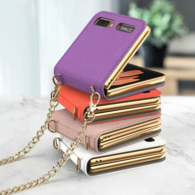 Luxury Flip Makeups Mirror Magnetic Cover for Samsung Galaxy Z Flip 5G F7070 F7000Card Slots Pocket Case Chain Shoulder Strap
