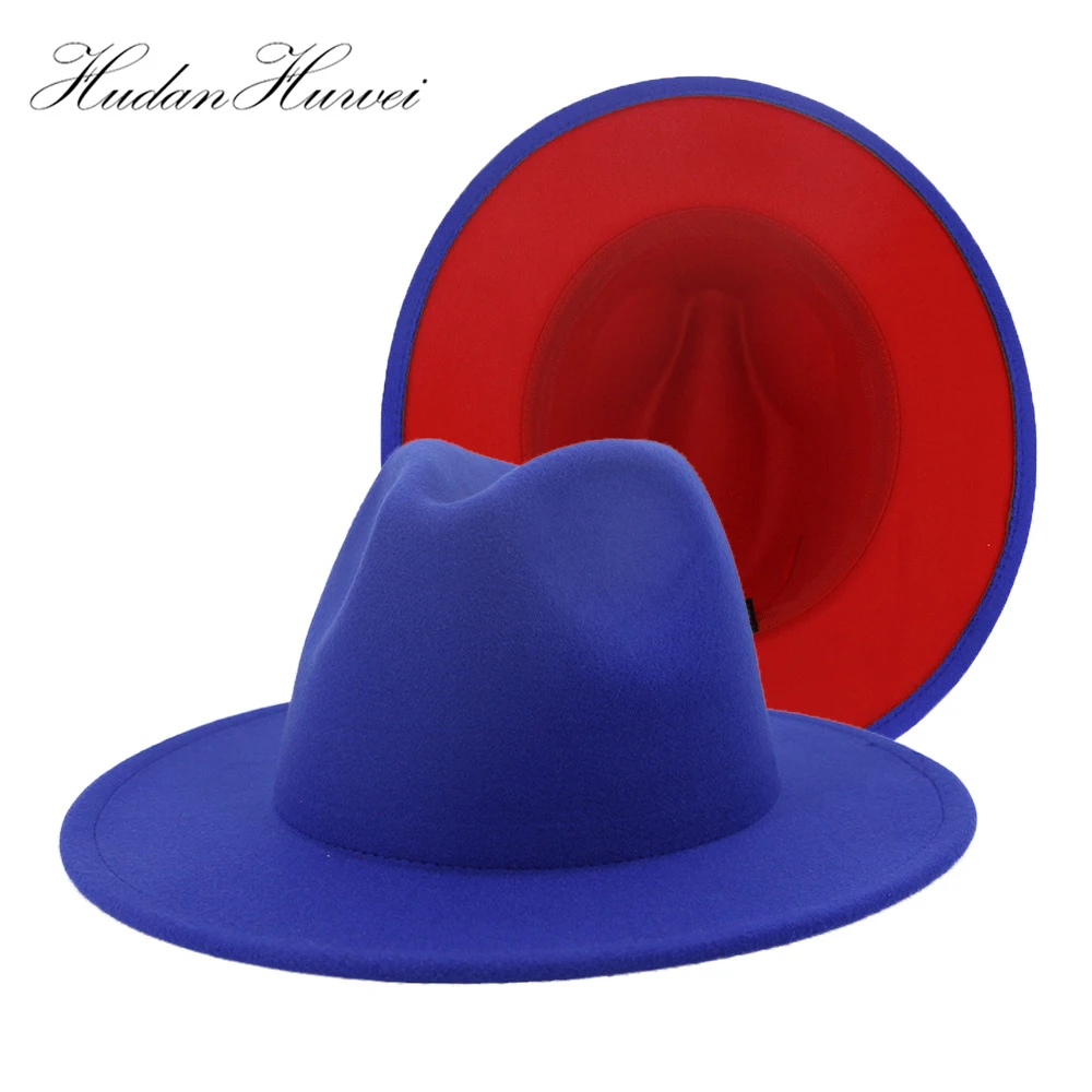 

Unisex Outer Royalblue Inner Red Wool Felt Jazz Fedora Hats with Thin Belt Buckle Men Women Wide Brim Panama Trilby Cap L XL