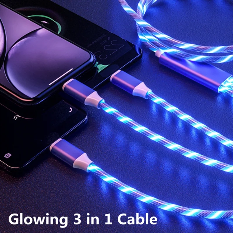 Цветной светящийся кабель 3 в 1 Micro USB Type C 2 4 А для быстрой зарядки 8 контактов