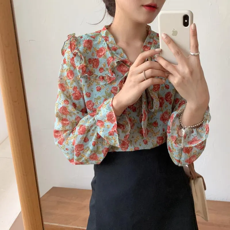 Alien Kitty Korean Women's Sweet Bow Lapel Printed Chiffon Chic 2021 All Match Elegance Florals Office Lady Streetwear Shirts | Женская
