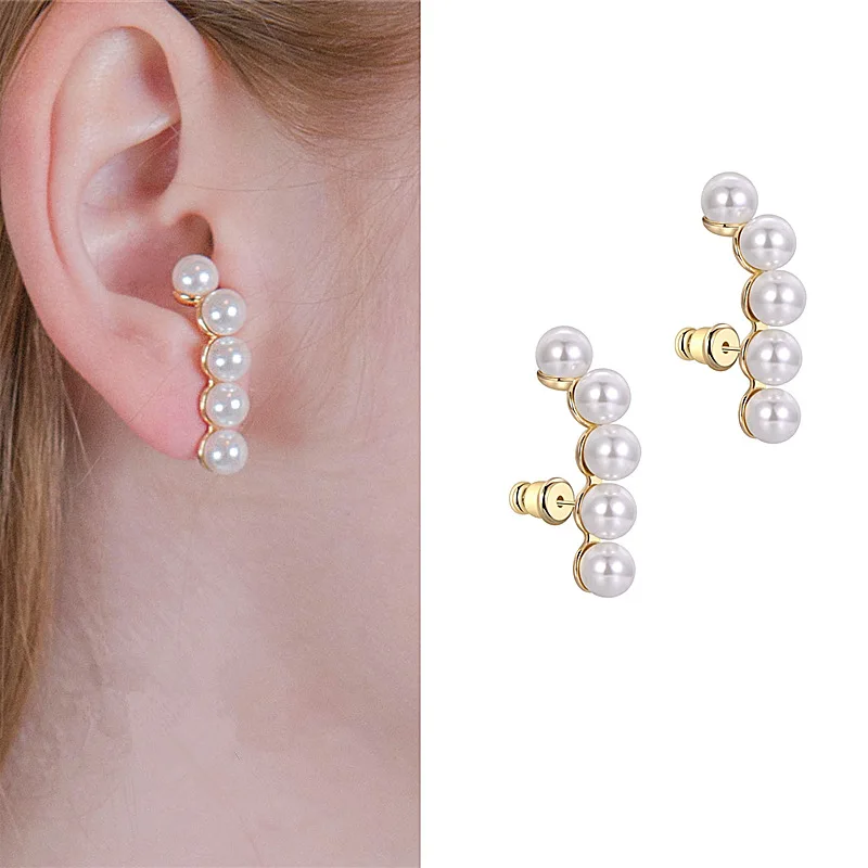 

Women's Fashion Simple Retro Row of Pearl Stud Earrings Balance Beam Design Charming Ear Piercing Jewelry for Lady Girls