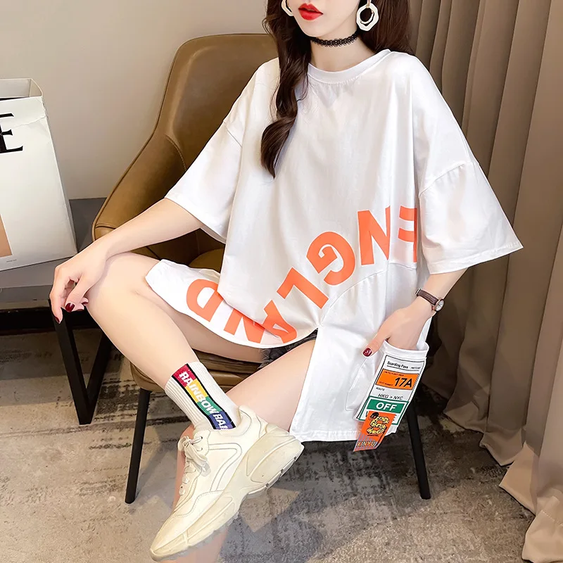 

2022 Summer New Loose Thin Split Short Sleeved T-shirt Dress Korean Simple Hip Hop Street Style Women Tops Tide Free Shipping