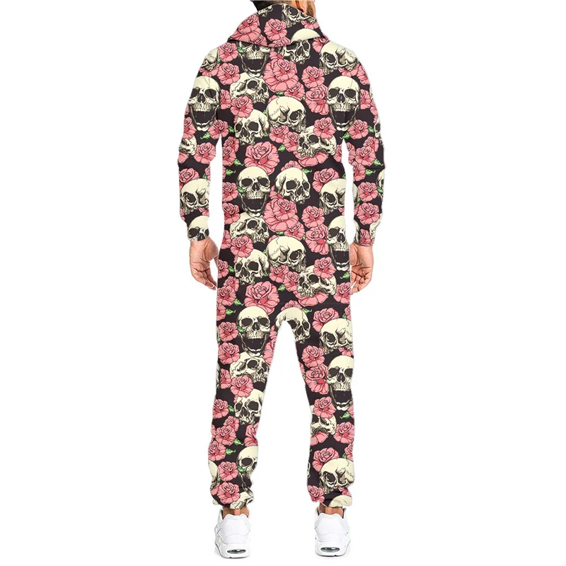 OGKB 3D Pink Flowers Skull Print Loungewear Pajamas Unisex Loose Hooded Zip Open Sleepwear Onesies For Adult Jumpsuits Wholesale