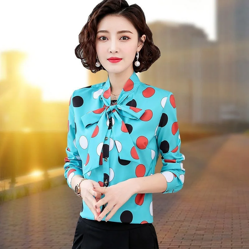 

Корейская Модная шелковая женская блузка с бантом, офисные женские блузки, атласная рубашка, Женские топы и блузки больших размеров X261