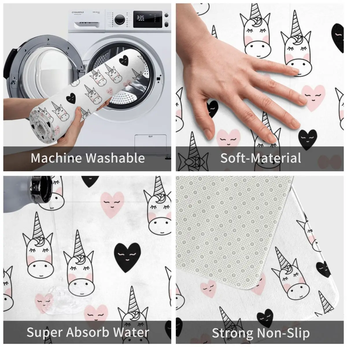 Прекрасный коврик для двери с единорогами и сердечками из полиэстера, антиколосковым покрытием, украшением пола и ванной комнаты, кухни и балкона, размером 40х60 дюймов.