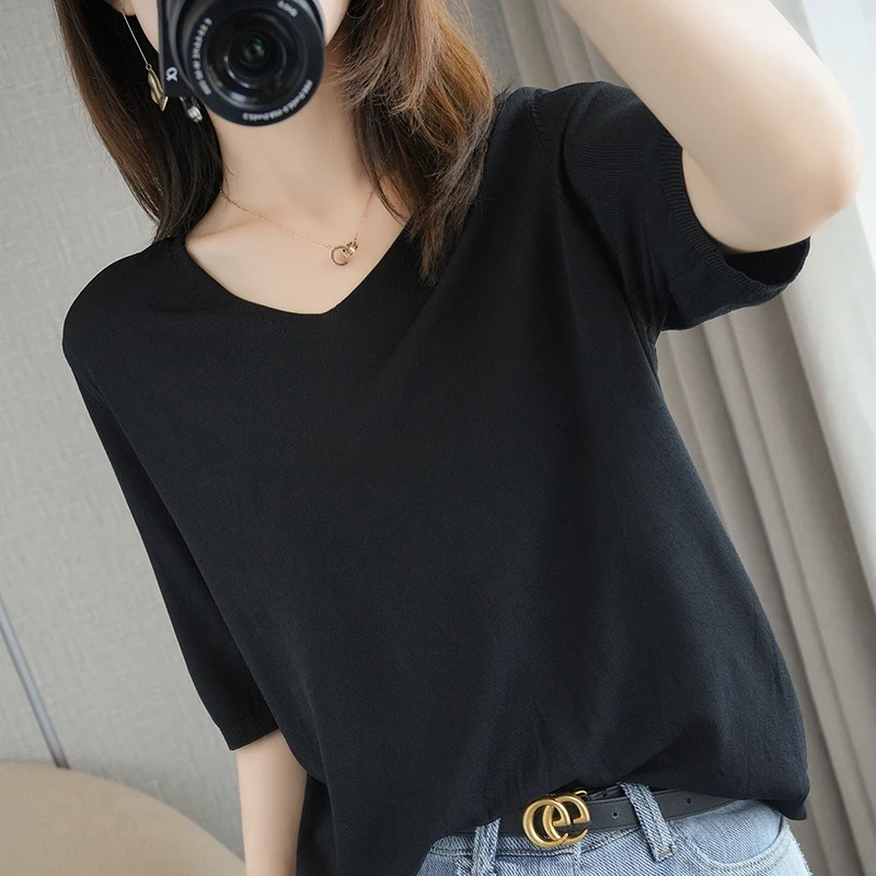 

T-shirt women 2021 pure cotton ladies blouse oversized casual V-neck knitted pullover short sleeves plus size solid color tees