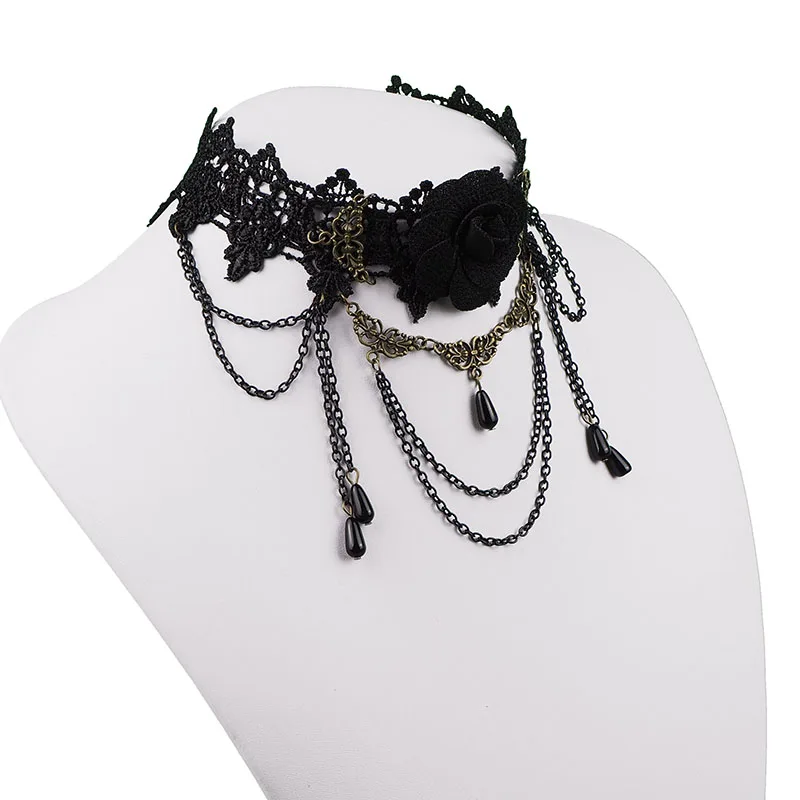 Модное Очаровательное черное кружевное ожерелье чокер с розовым воротником