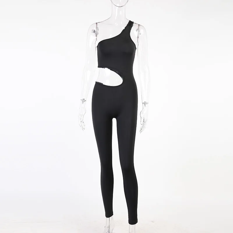 

2021 New Arrivals Summer Style Single Shoulder Hollow Out Black Solid Bodycon Sexy High Street Lady Playsuits