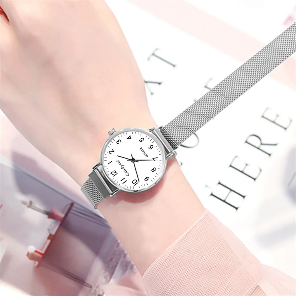 Женские наручные часы с магнитной пряжкой и ремешком сеткой кварцевые