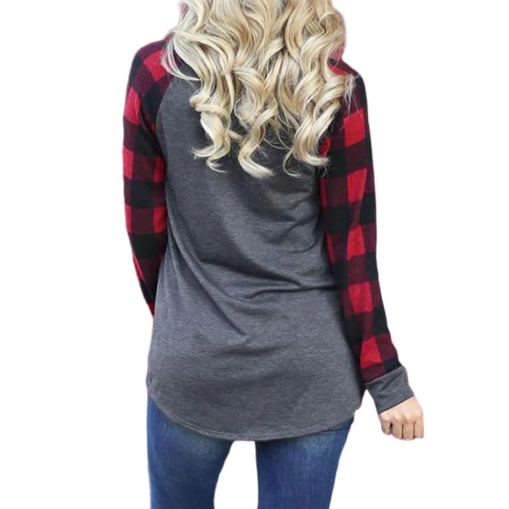 

2021 Autumn Winter New Christmas Tree Printed Women T Shirts Long Sleeve Plaid Patchwork Casual Tops Tees T-shirt