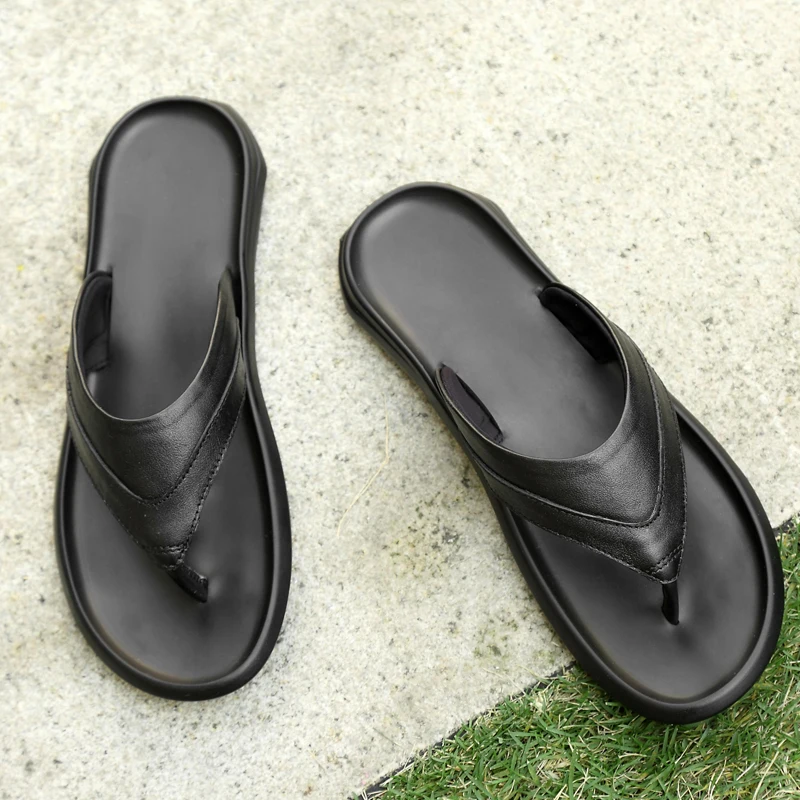 Мужские сандалии из натуральной кожи летние шлепанцы на плоской подошве легкие